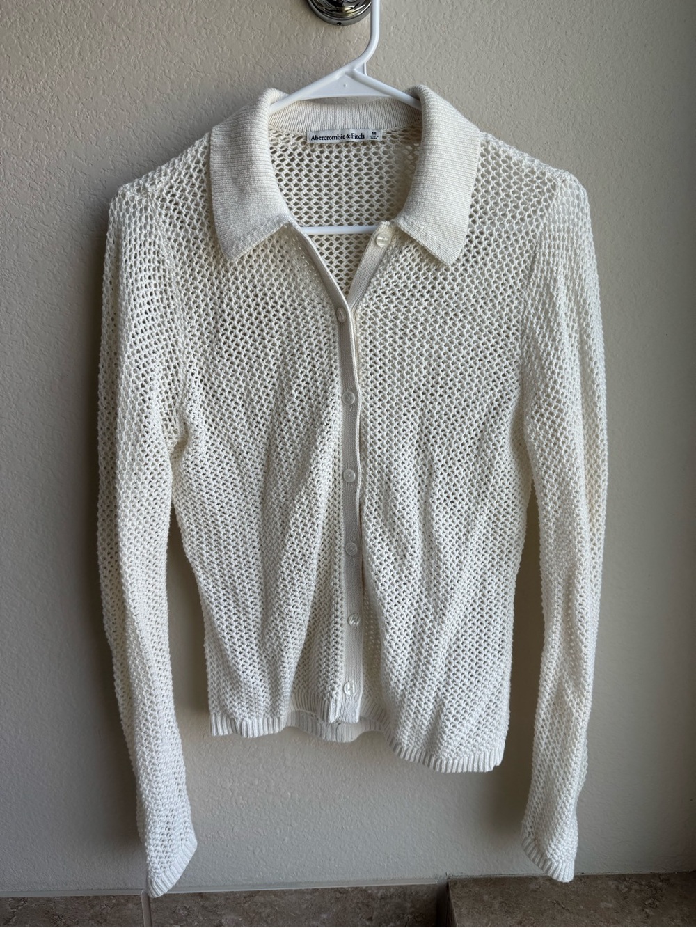Abercrombie & Fitch Cream Open-Weave Button Cardigan